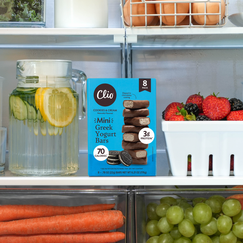 Refrigerated Greek Yogurt Bars - Mini Size 8 Pack - Cookies & Cream Clio Snacks Refrigerated Greek Yogurt Bars - Mini Size 8 Pack - Cookies & Cream Clio Snacks